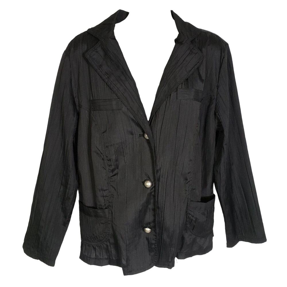 Katie Todd Women Blouse Size Small Long Sleeve Black Button Front Crinkle Pocket